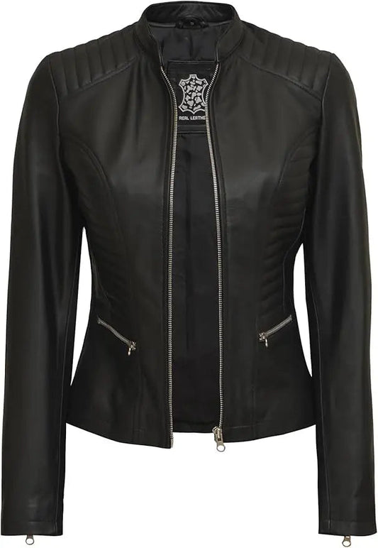 Women's Leather Jacket Cafe Racer with Padded Shoulders LUXE LEATHER