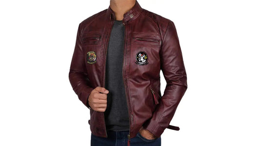 Stylish Maroon Leather Jacket with Embroidered Patches LUXE LEATHER