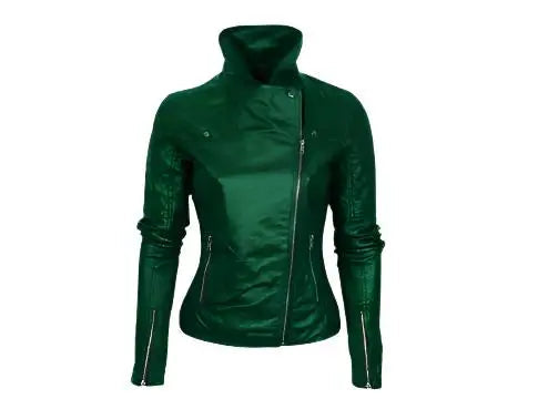 Women's Standup Collar Leather Jacket Green Leather Sleek Design
Modern Look