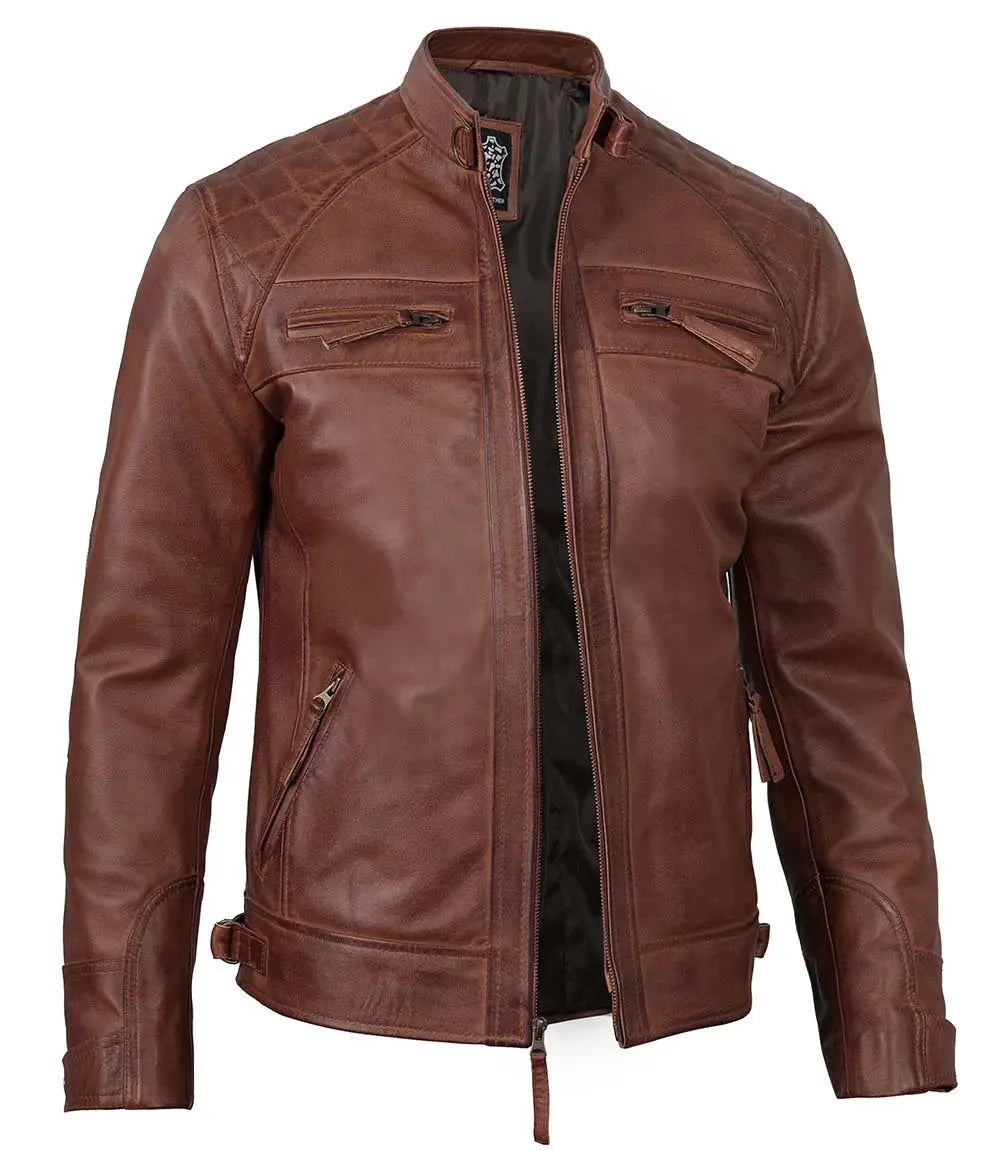 Cognac Brown Quilted Leather Jacket For Men LUXE LEATHER