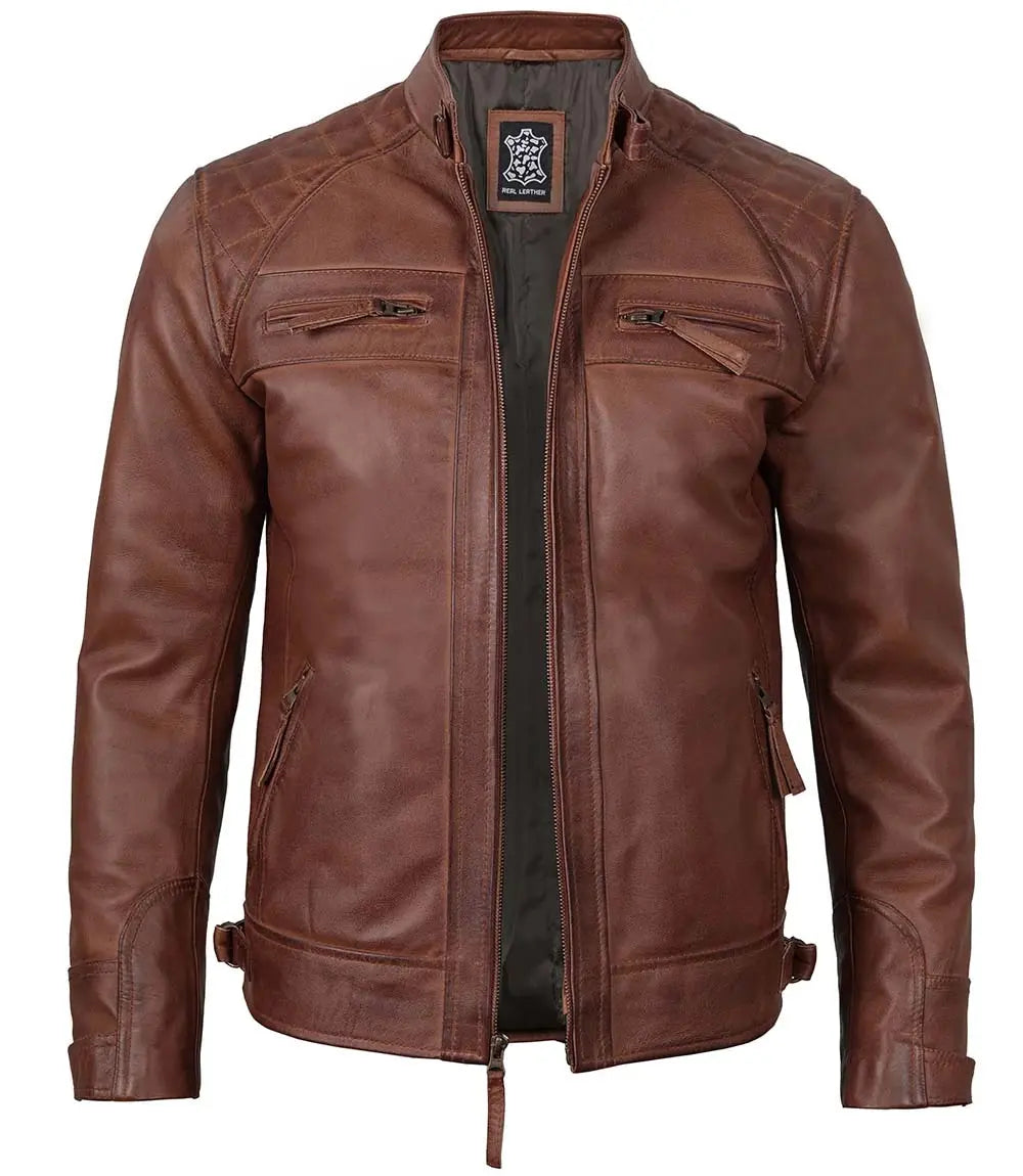 Cognac Brown Quilted Leather Jacket For Men LUXE LEATHER