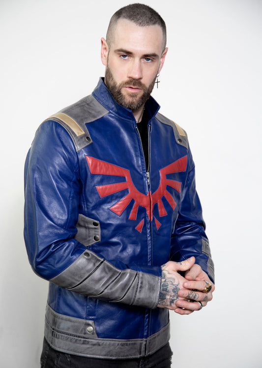 Mens Blue Leather Legendary Race Shield Edition Jacket