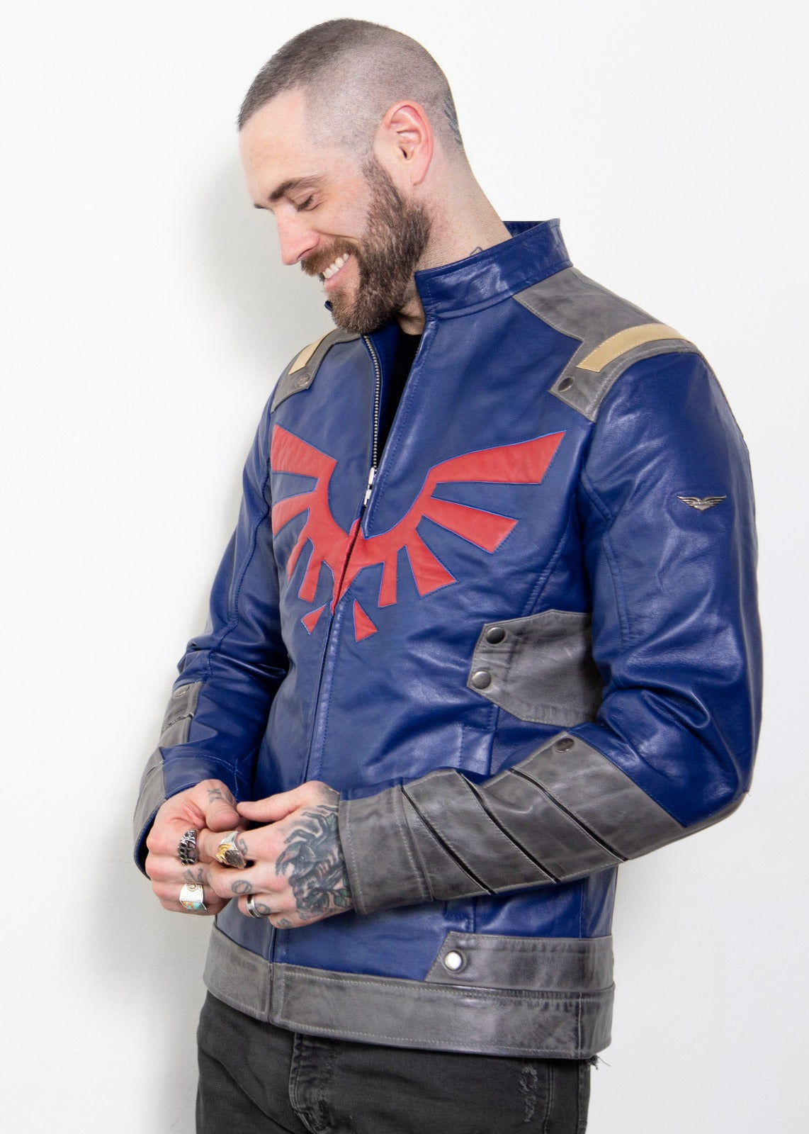 Mens Blue Leather Legendary Race Shield Edition Jacket