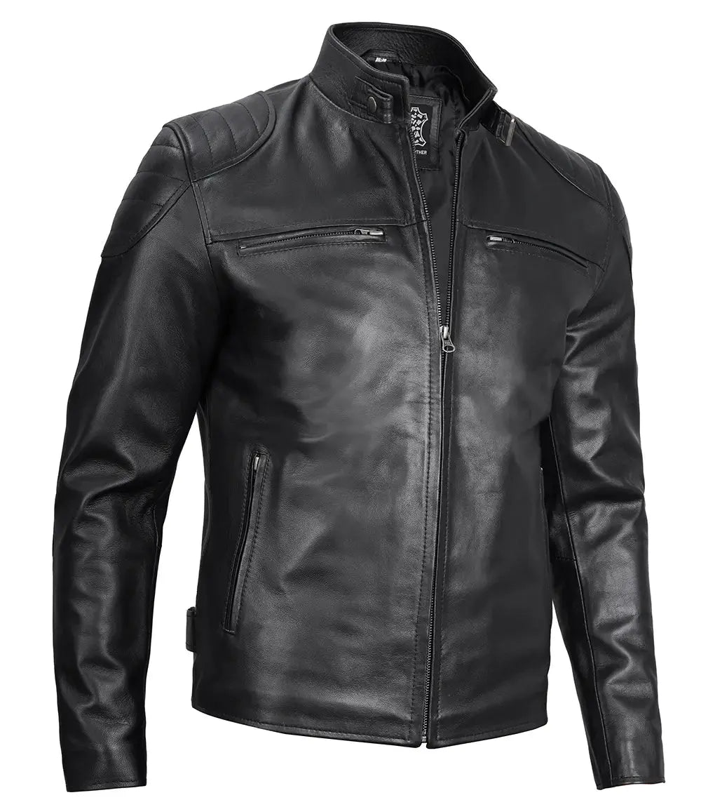 Black Leather Cafe Racer Jacket with Shoulder Padding LUXE LEATHER