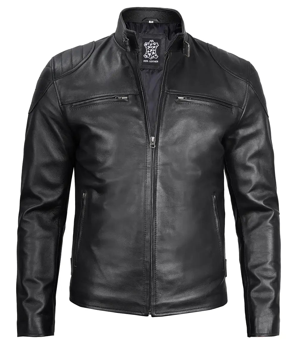 Black Leather Cafe Racer Jacket with Shoulder Padding LUXE LEATHER