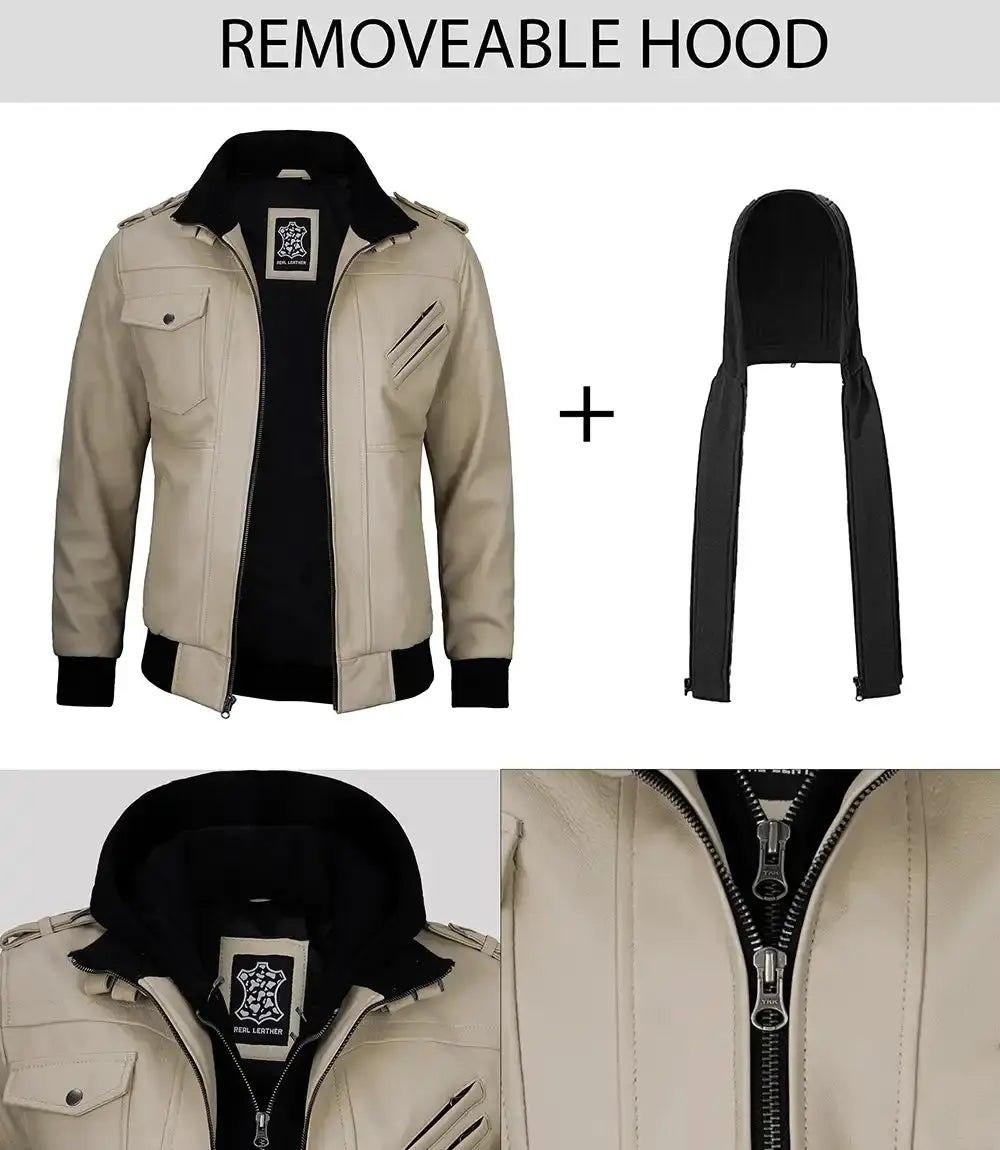 Mens Leather Jacket with Removable Hood LUXE LEATHER