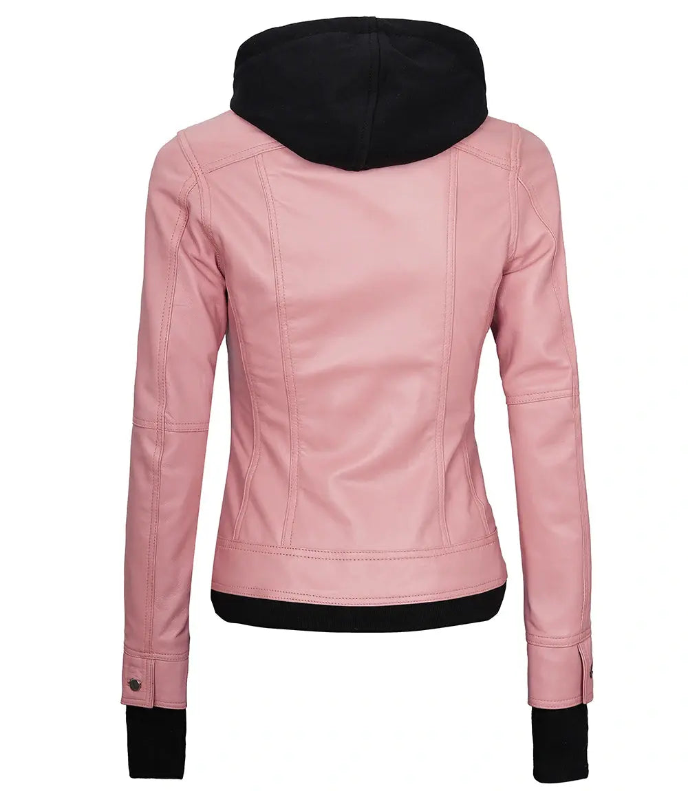 Bomber Pink Real Leather Jacket with Hood LUXE LEATHER