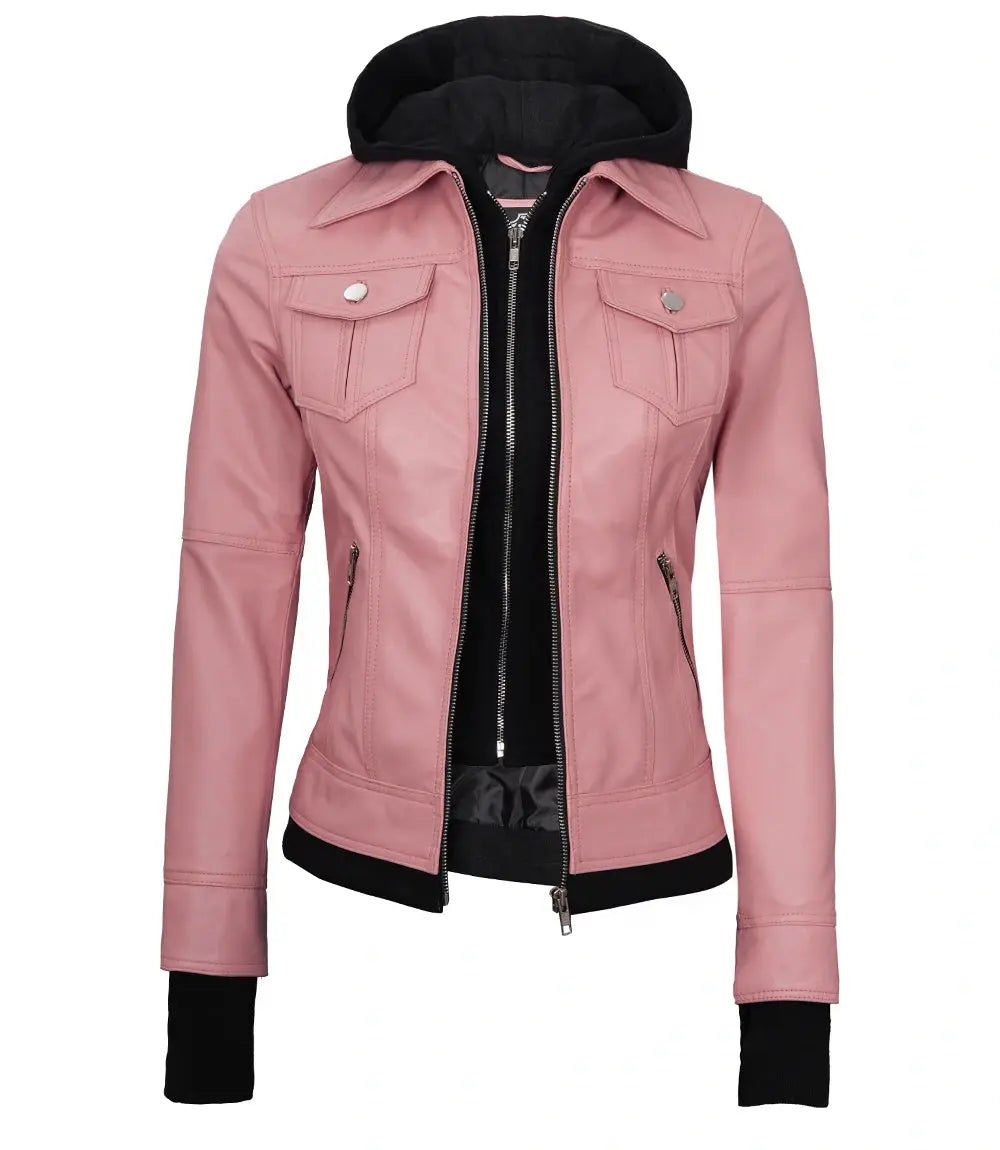 Bomber Pink Real Leather Jacket with Hood LUXE LEATHER