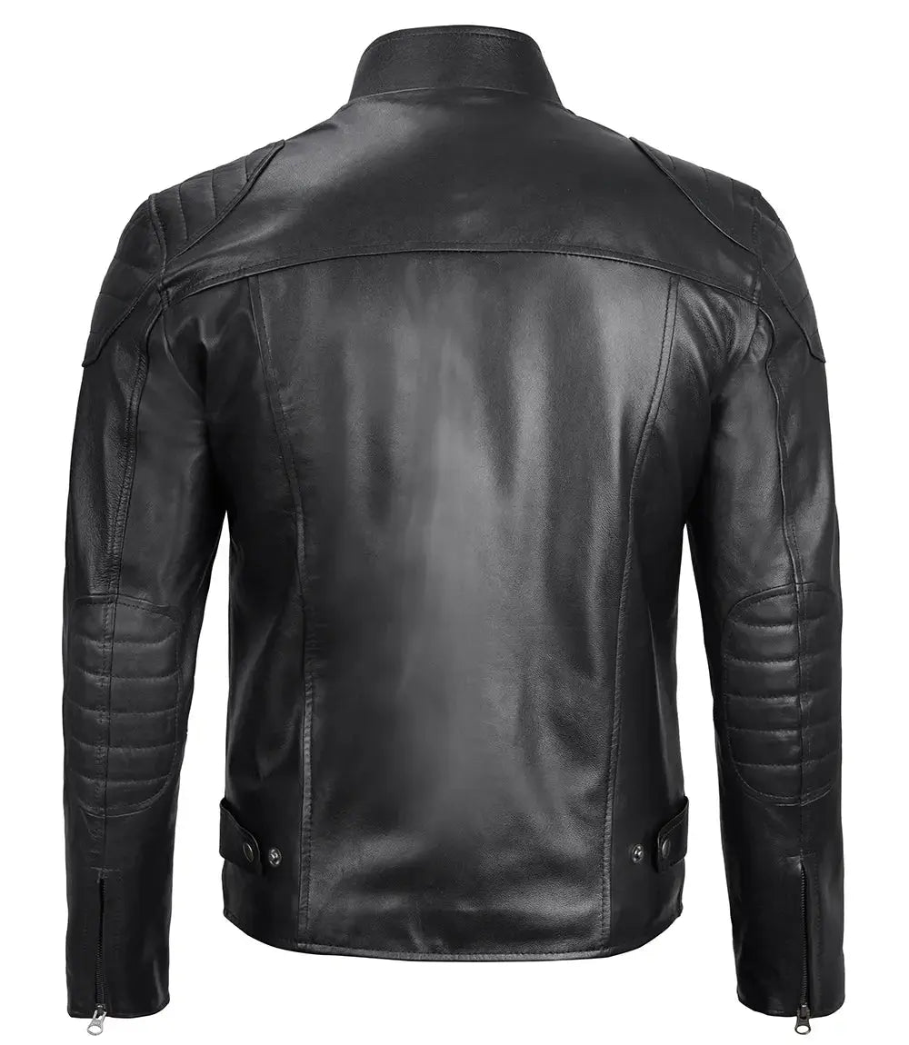 Black Leather Cafe Racer Jacket with Shoulder Padding LUXE LEATHER