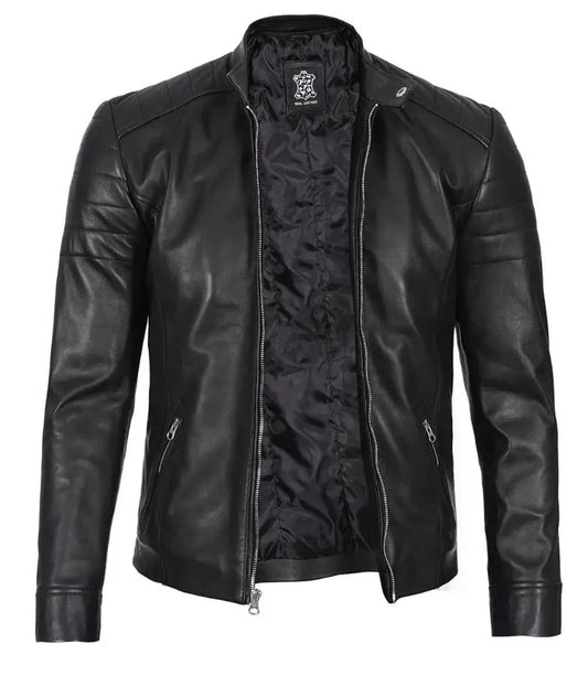 Black Cafe Racer Leather Jacket LUXE LEATHER