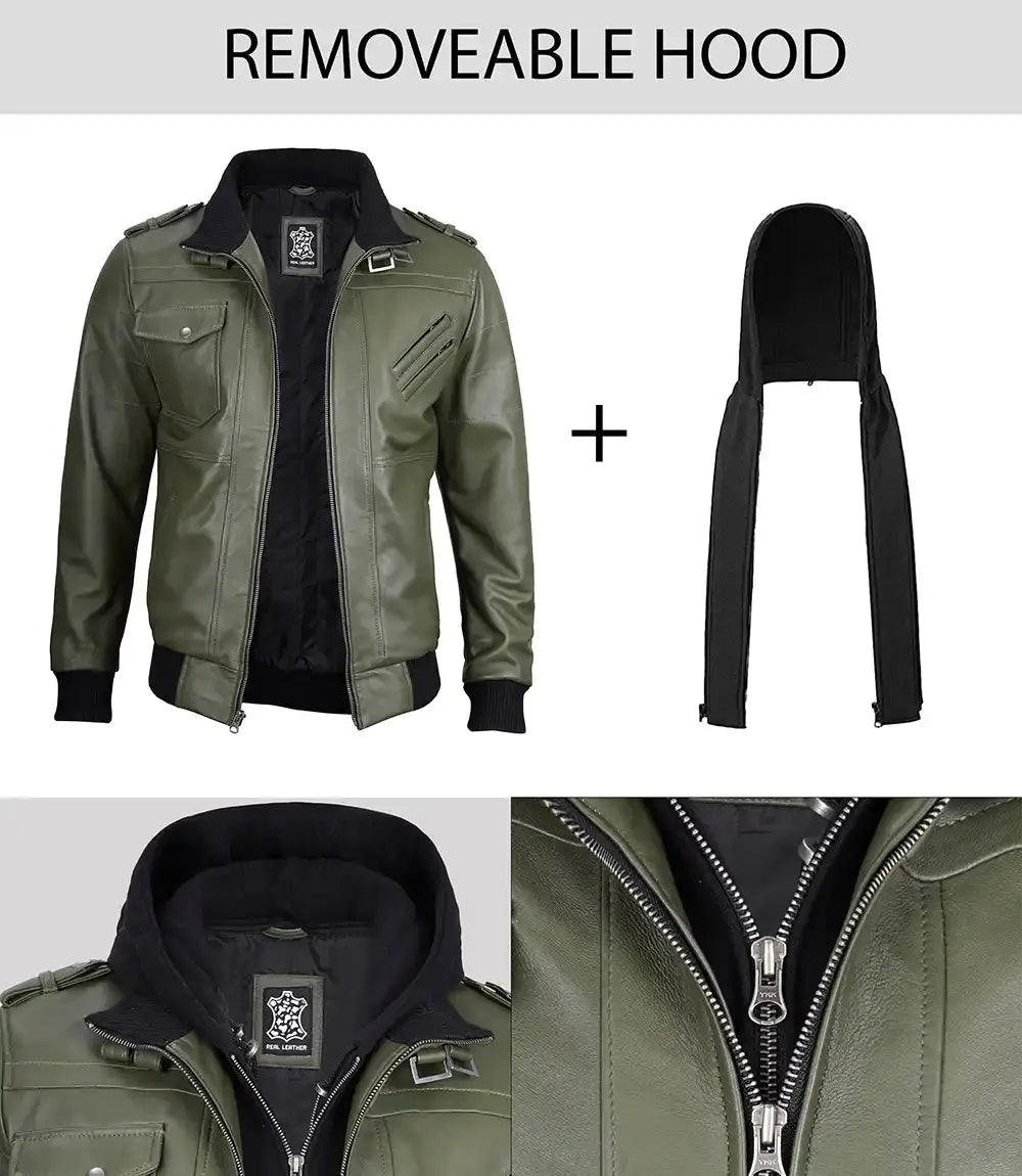 Mens Leather Jacket with Removable Hood LUXE LEATHER