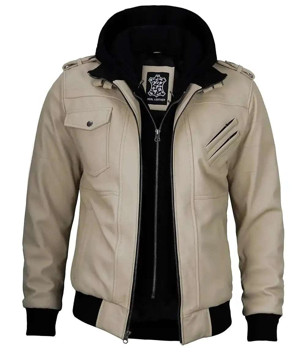 Mens Leather Jacket with Removable Hood LUXE LEATHER