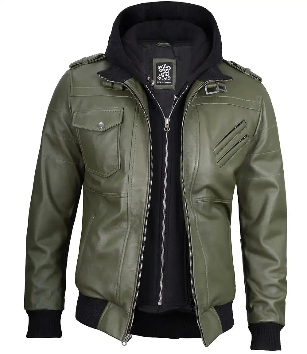 Mens Leather Jacket with Removable Hood LUXE LEATHER