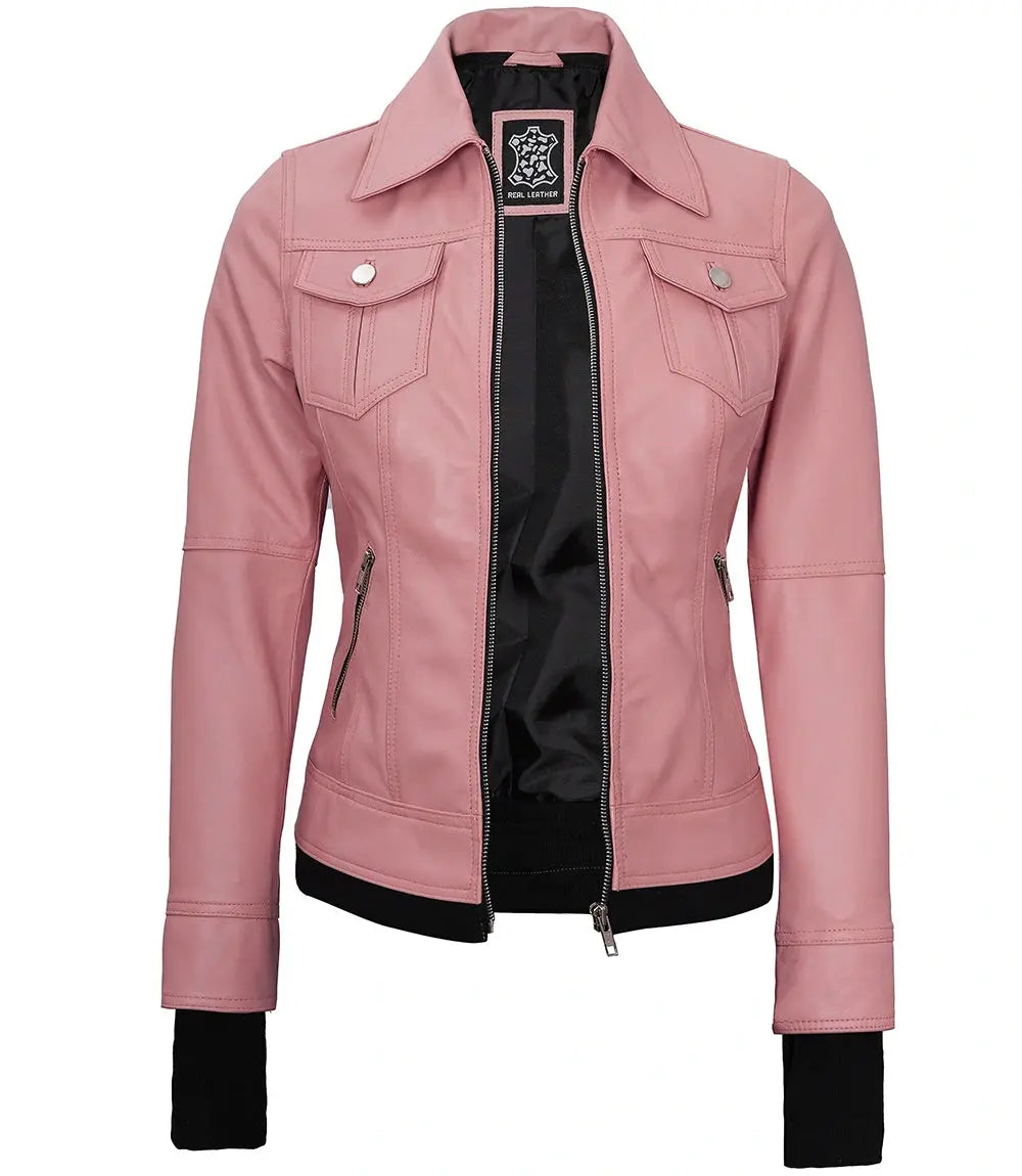 Bomber Pink Real Leather Jacket with Hood LUXE LEATHER