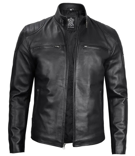 Black Leather Cafe Racer Jacket with Shoulder Padding LUXE LEATHER