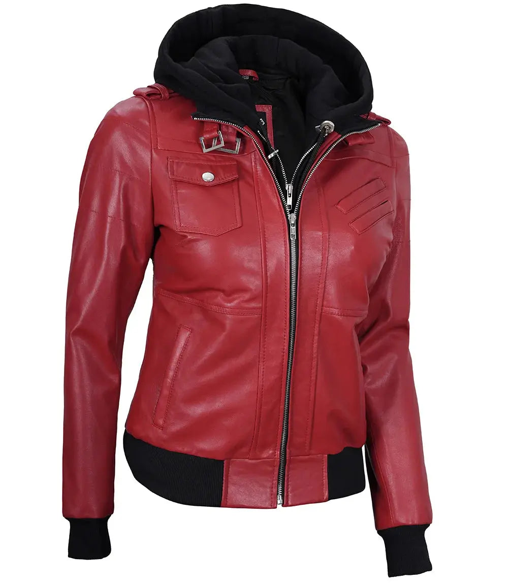 women's leather jacket red with Removable Hood LUXE LEATHER