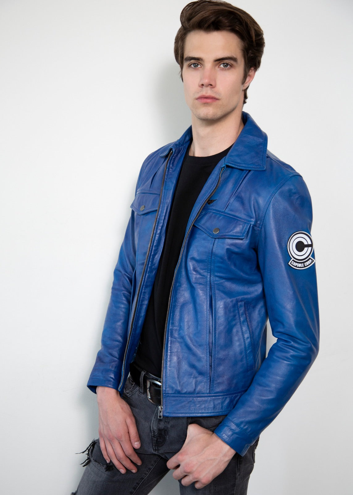 Mens Dragonball Z Capsule Corp Blue Leather Jacket