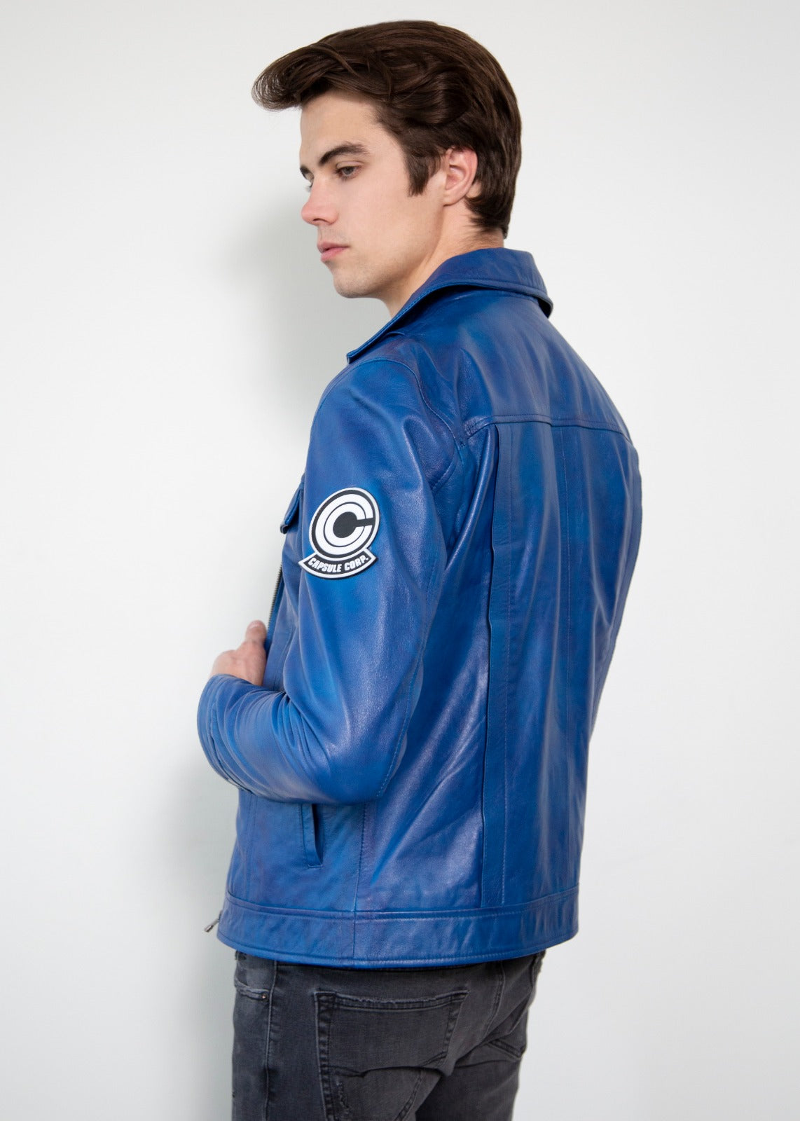 Mens Dragonball Z Capsule Corp Blue Leather Jacket