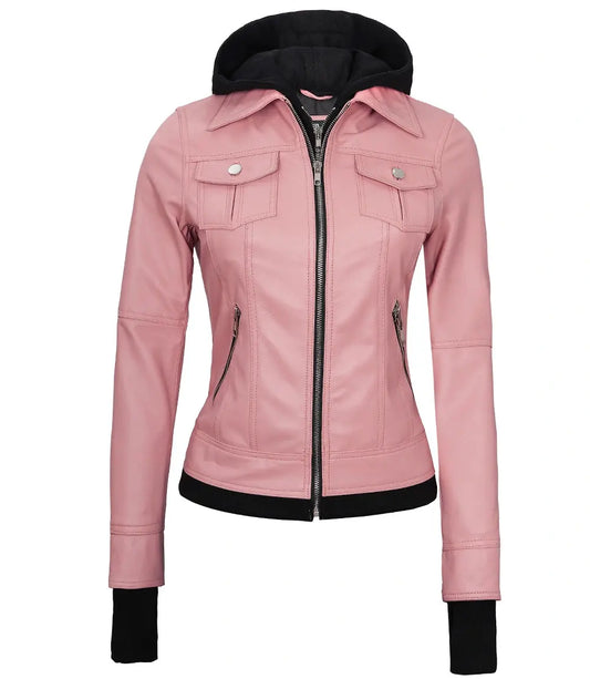 Bomber Pink Real Leather Jacket with Hood LUXE LEATHER