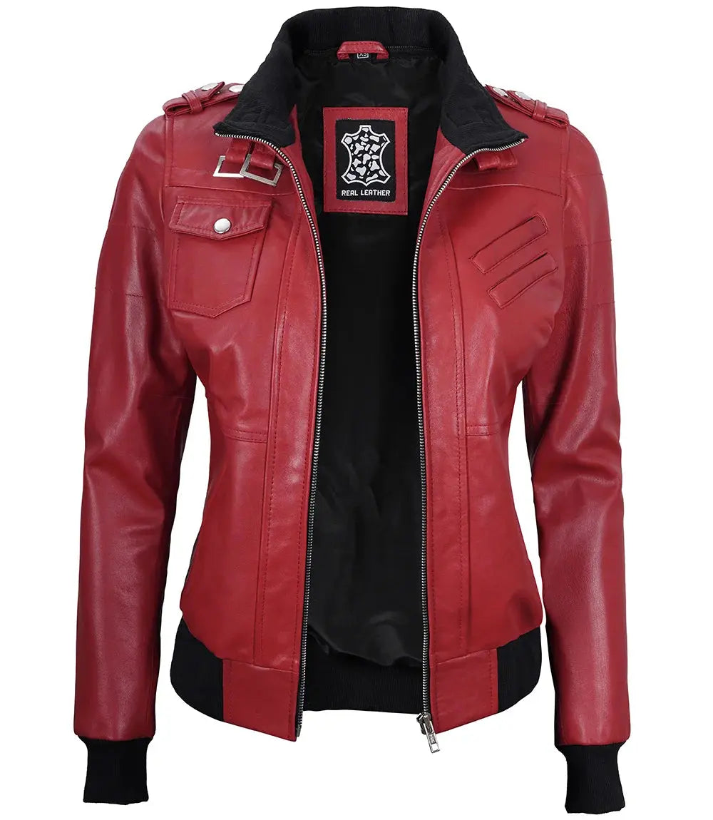 women's leather jacket red with Removable Hood LUXE LEATHER