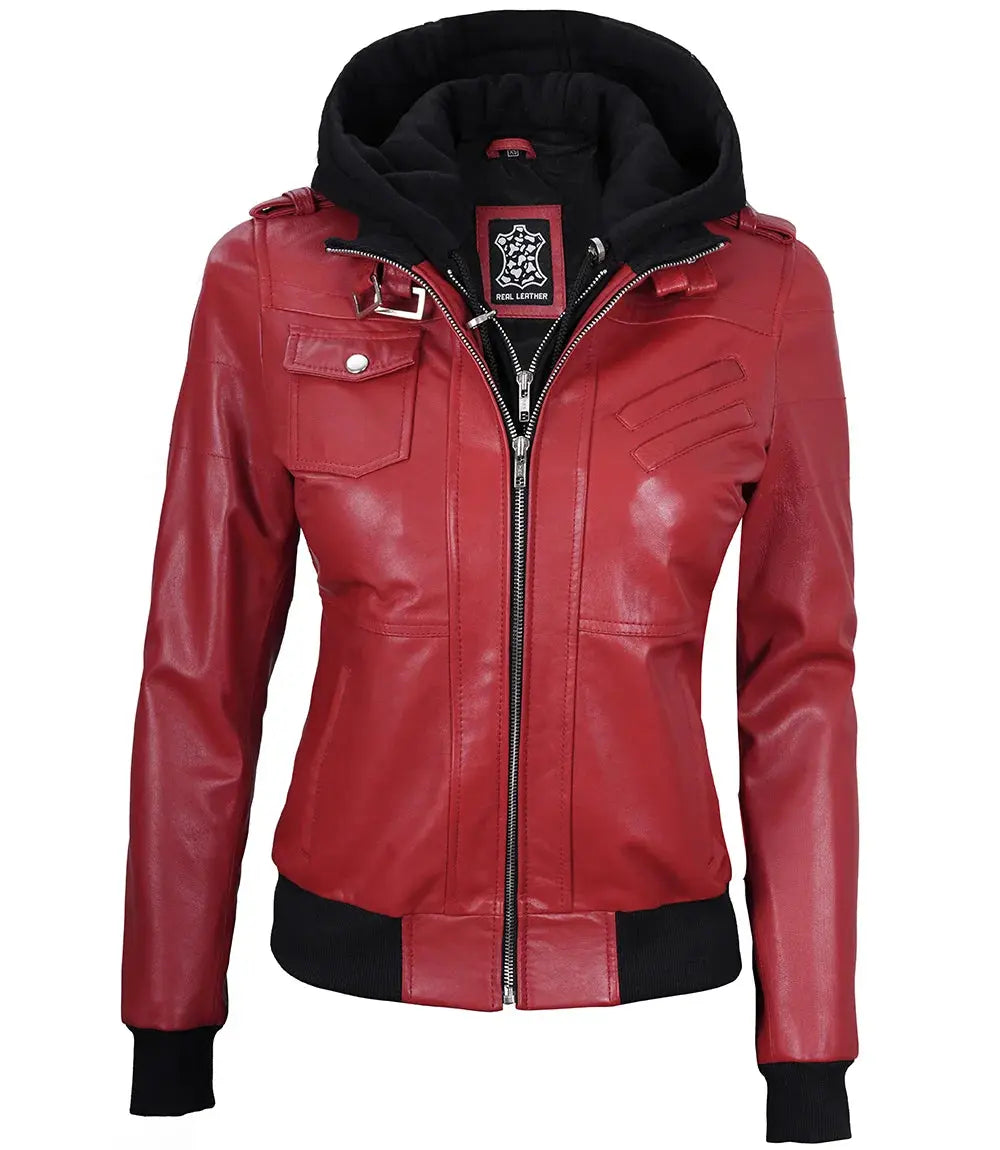 women's leather jacket red with Removable Hood LUXE LEATHER