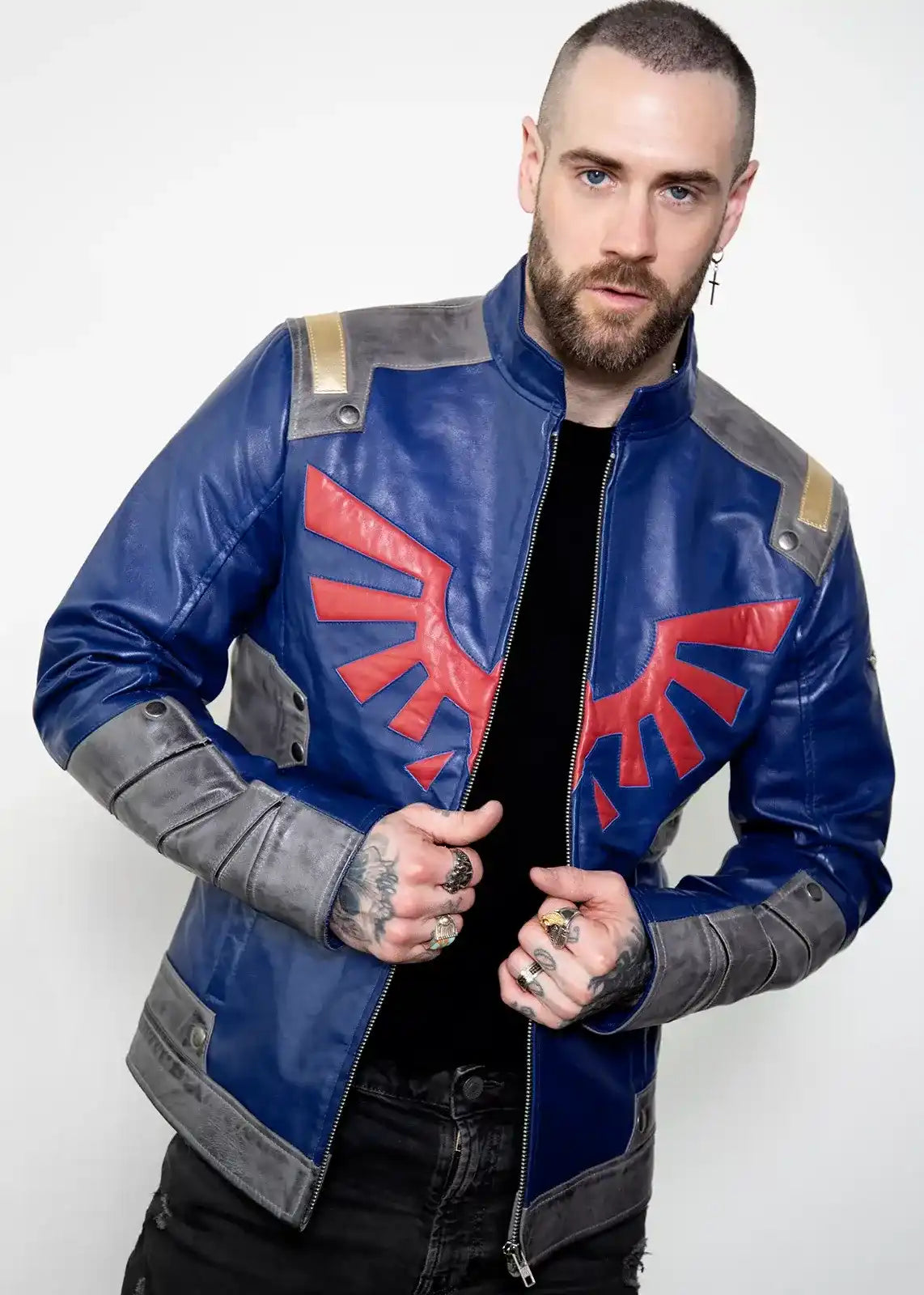 Mens Blue Leather Legendary Race Shield Edition Jacket